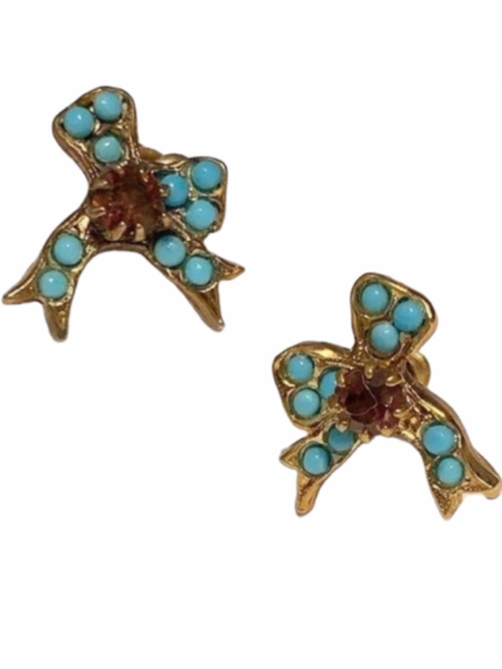 Vintage gold turquoise beaded bow clip on earrings